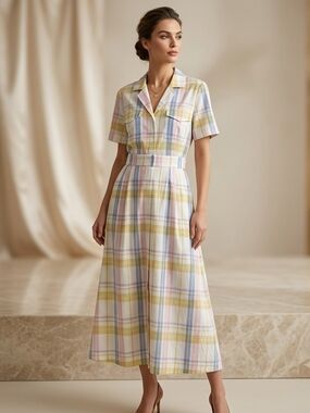 Creatures Of Comfort Pastel Plaid Collared Midi Dress Size 6